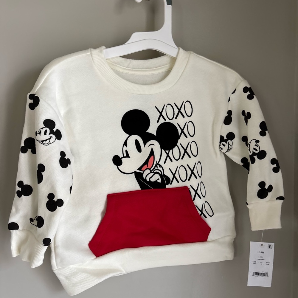Disney Mickey Mouse XOXO Valentines Day baby Sweatshirt with Red Pocket 18m